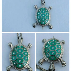 Silver Tone Necklace with Enamel Rhinestones Turtle Pendant